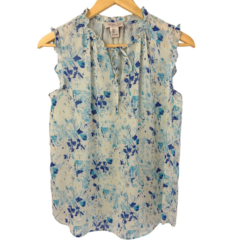 Rachel Zoe Sleeveless Blouse Women S Blue Floral Metallic Chiffon Ruffle Tie